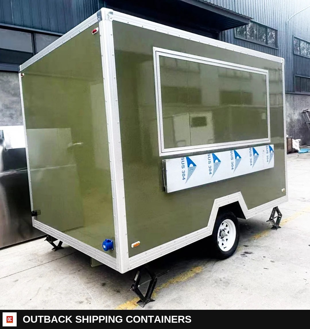 Olive Green Compact Food Trailer with Serving Window for Coffee — Stainless Prep And Counter Area | Outback Shipping Containers Olive Green Compact Food Trailer with Serving Window for Coffee for sale — stainless prep and counter area