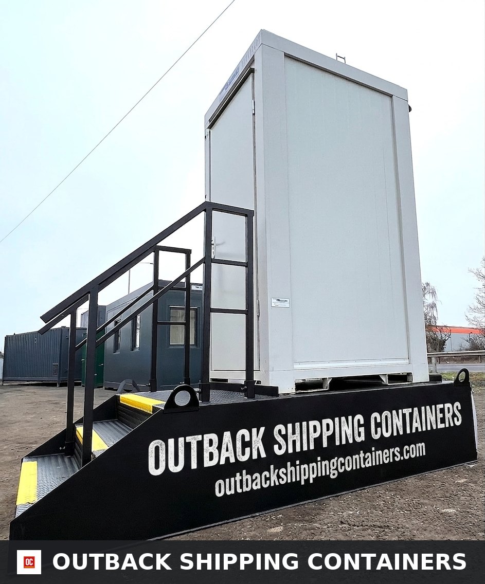 Single Toilet Block & Stepped Waste Tank — Rear Exterior View | Outback Shipping Containers Single Toilet Block & Stepped Waste Tank — Brand New Bundle — Containex — No B1 — product gallery image 4 of 6