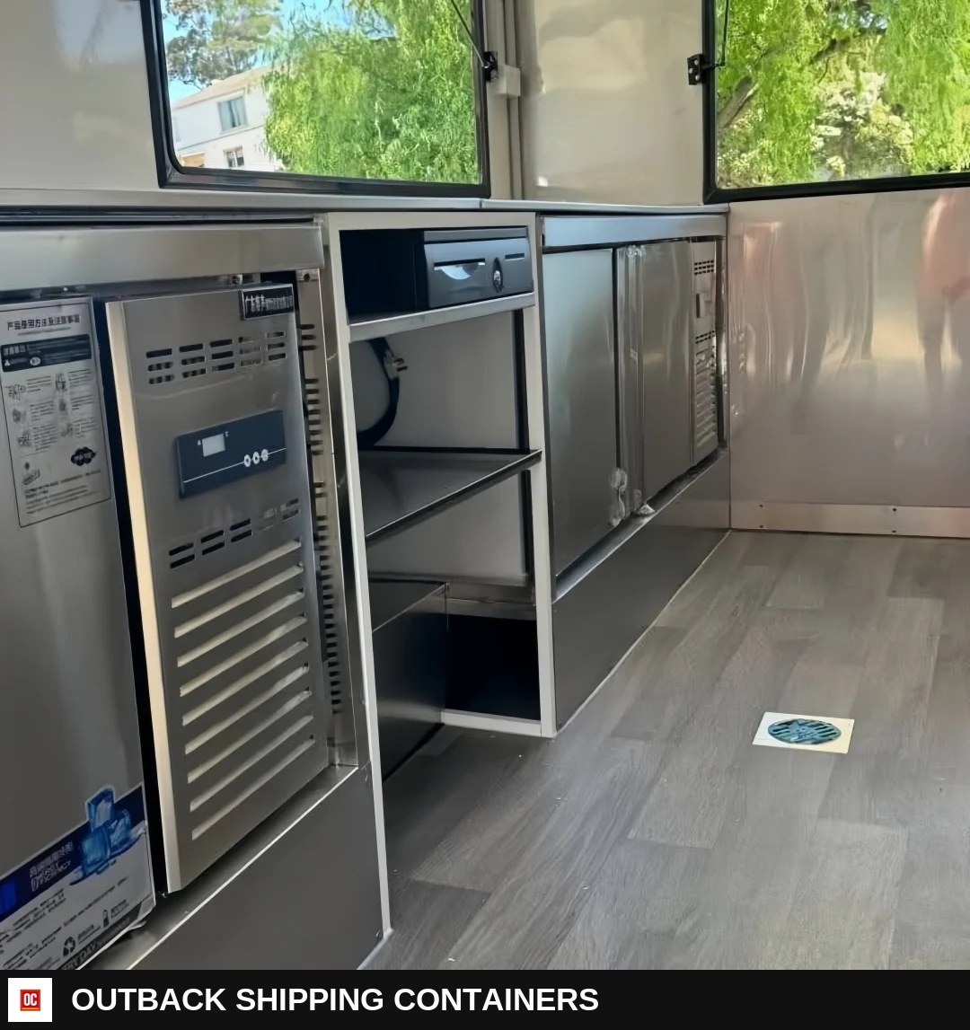 Modern White & Black Square Food Trailer 4m Box Style Mobile Kitchen Dual Axle — Serving Window And Hatch | Outback Shipping Containers Modern White & Black Square Food Trailer 4m Box Style Mobile Kitchen Dual Axle for sale — serving window and hatch