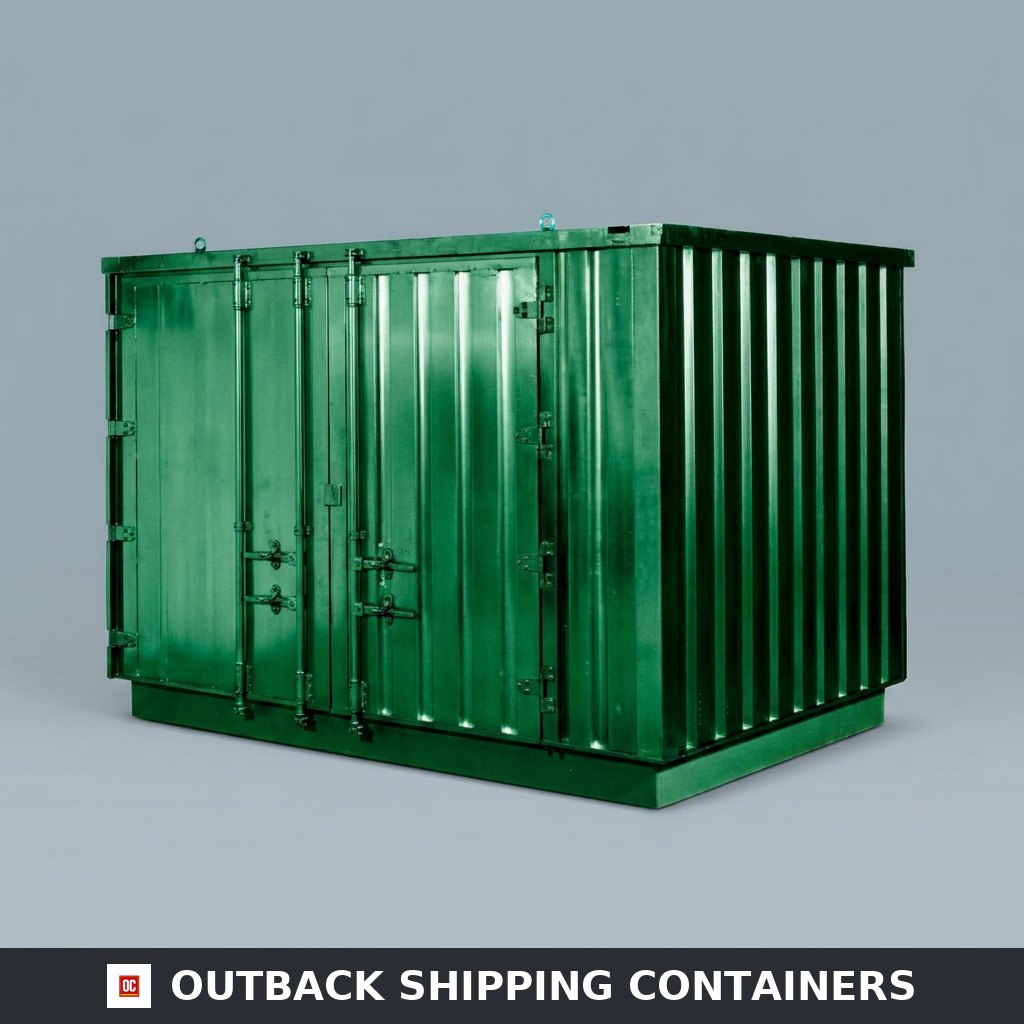 Green corrugated steel panel for flat packed storage container on a plain white studio background