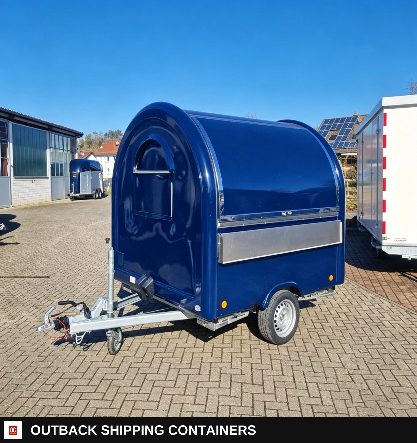 Small Fully Equipped Food Truck Custom Mini Coffee & Ice Cream Trailer for Sale — Three-Quarter Front Angle | Outback Shipping Containers Small Fully Equipped Food Truck Custom Mini Coffee & Ice Cream Trailer for Sale for sale — three-quarter front angle