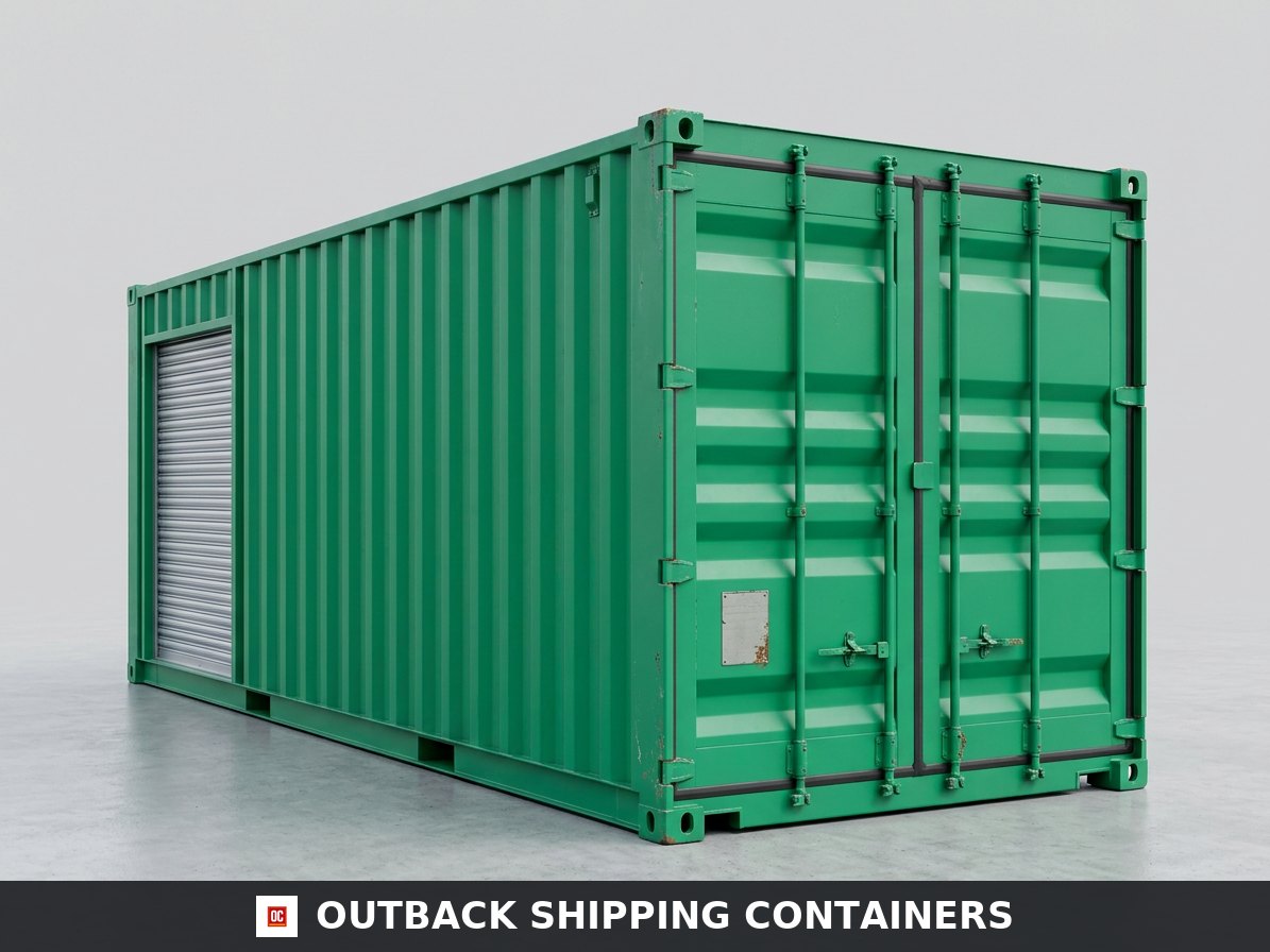 20ft roller shutter conversion container in green with large silver metal security door installed on the long side