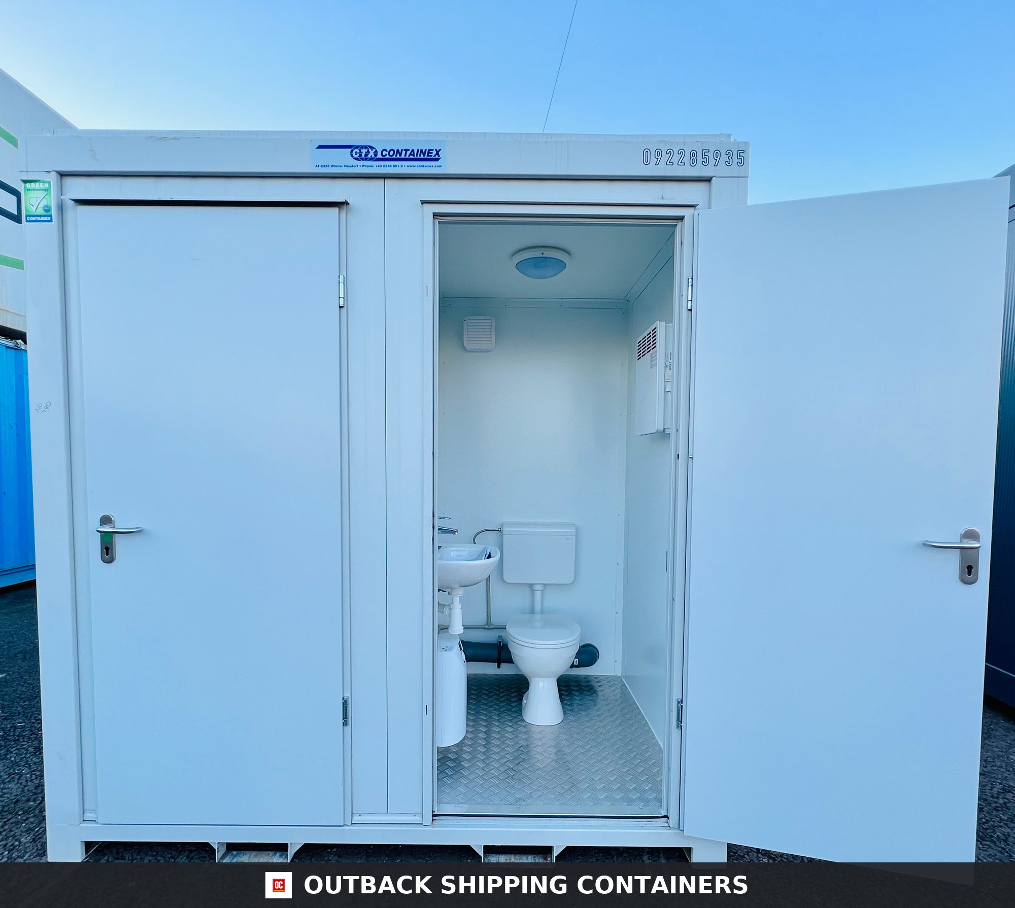 Double Toilet Blocks for Sale — Rear Exterior View | Outback Shipping Containers Double Toilet Blocks — Male/Female WC — 8x5 ft — NEW 1+1 Toilet Block — Light Grey — No 790 — product gallery image 3 of 8