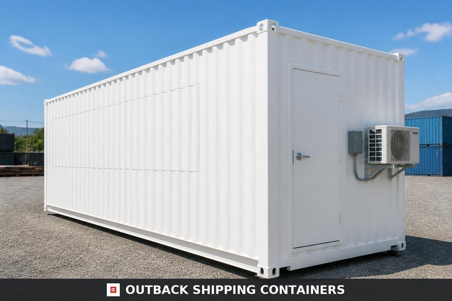 Outback Vendor 20ft Concession & Retail Kiosk Container for Sale — Three-Quarter Angle View Rear end of the concession kiosk container with the 240V air conditioner condenser and personnel door