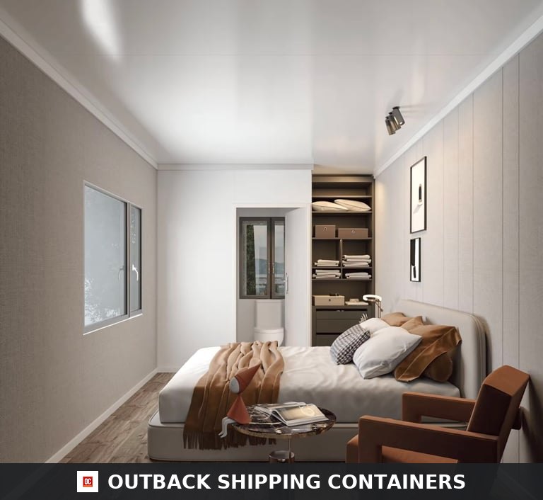 1BHK Duplex Container Home 40ft for Sale — Upper Level Bedroom with Built-In Wardrobe | Outback Shipping Containers Upper level bedroom inside the 1BHK duplex container home with queen bed, built-in wardrobe and door to the en-suite bathroom