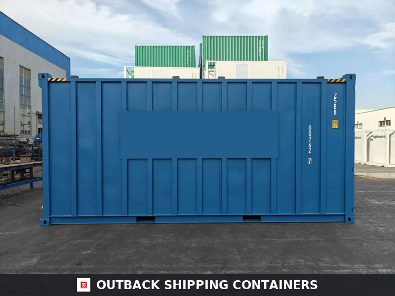 20ft blue bulk storage shipping container showing side panel with vertical corrugations and central flat logo space