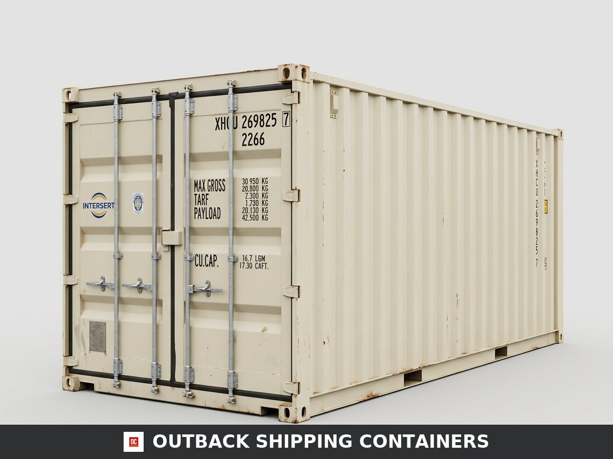 20ft open side shipping container in beige with closed bi-fold side doors and rear cargo doors outdoors