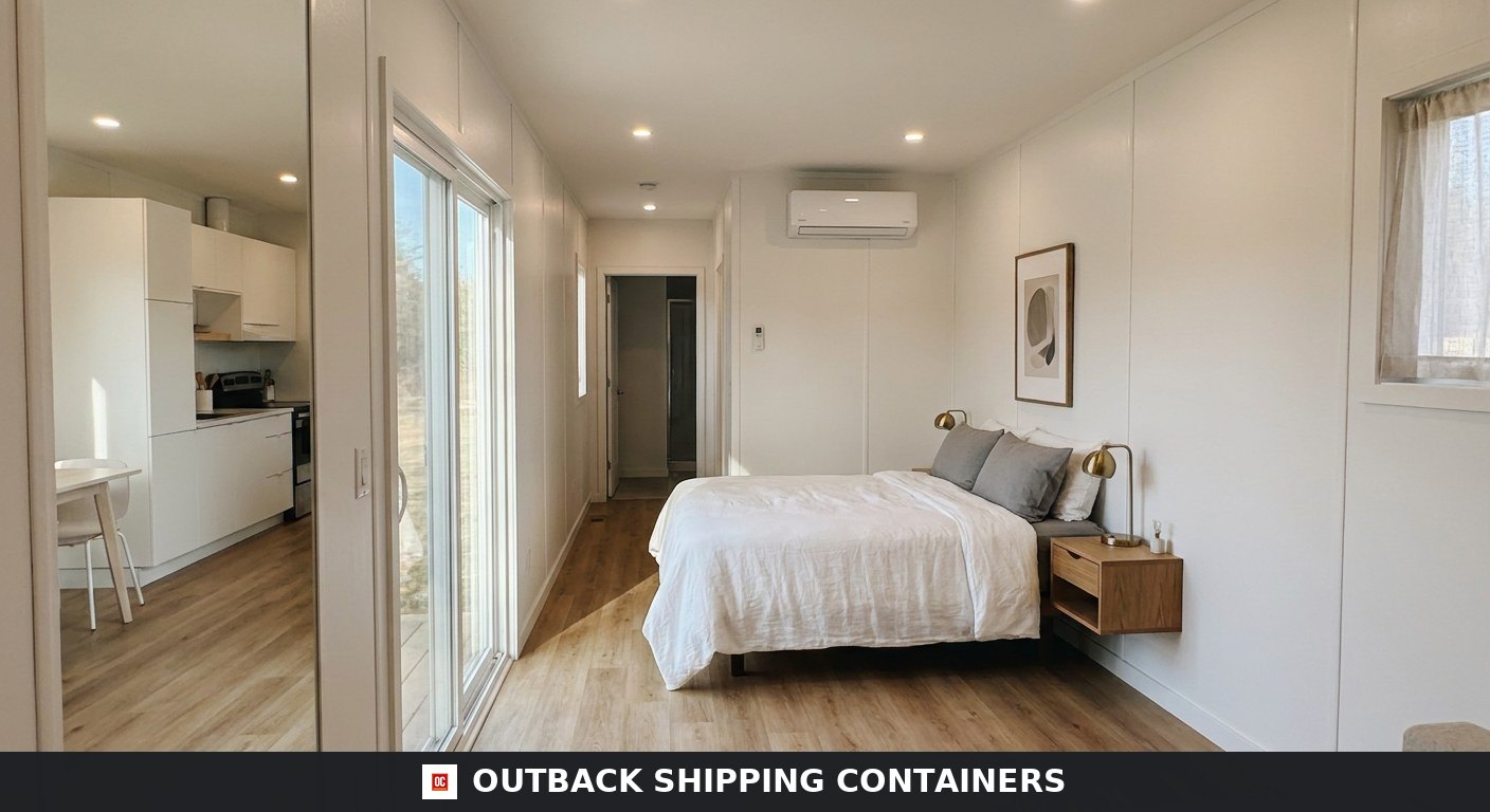 Luxury 40ft prefab container house with easy-folding sandwich — Window and Shutter Detail Luxury 40ft prefab container house interior — bedroom with queen bed and mini-split HVAC