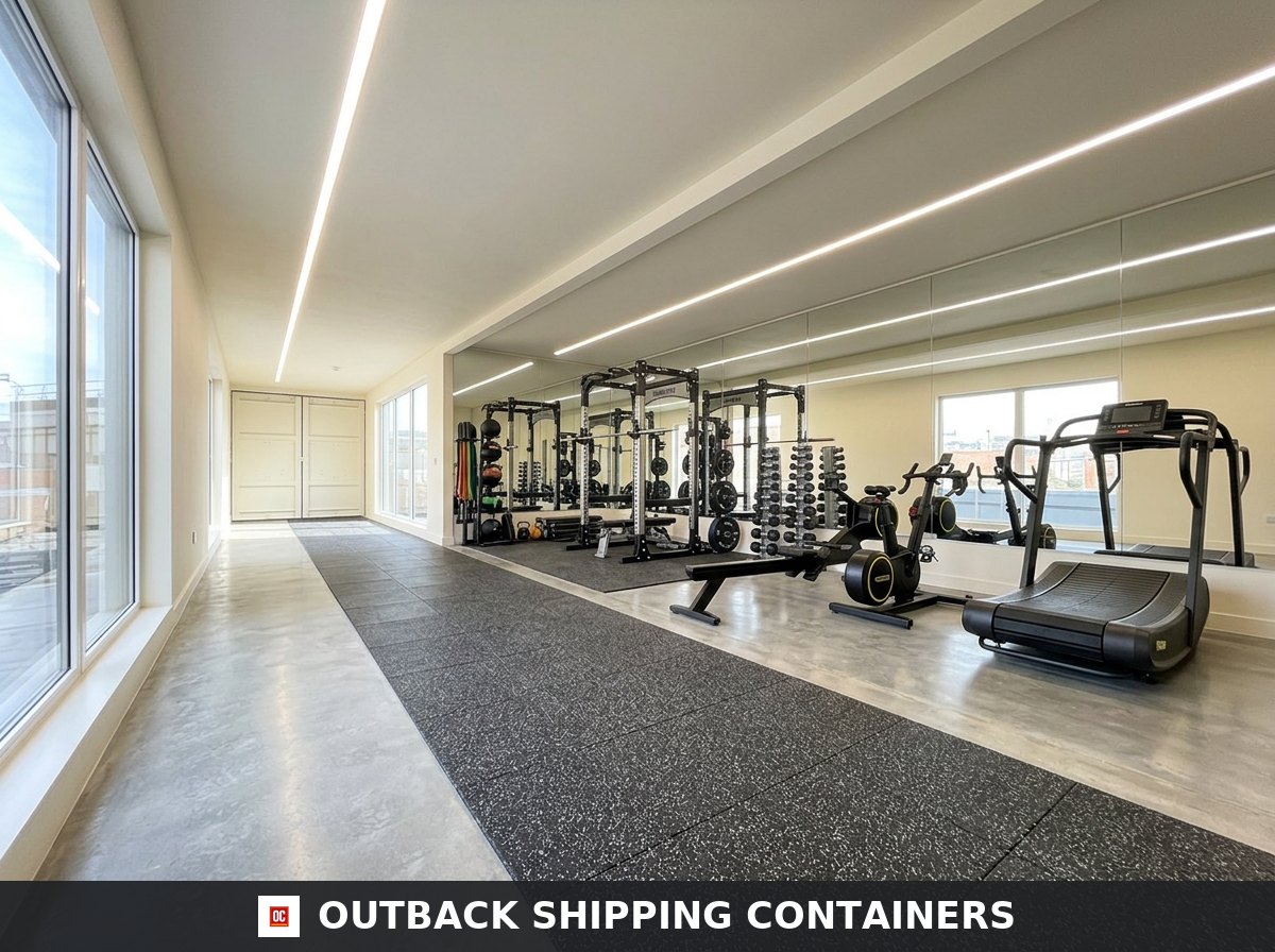 40x16ft for Sale — Rear Exterior View | Outback Shipping Containers Interior of a custom shipping container gym with rubber flooring, treadmill, power racks, and wall-to-wall mirrors