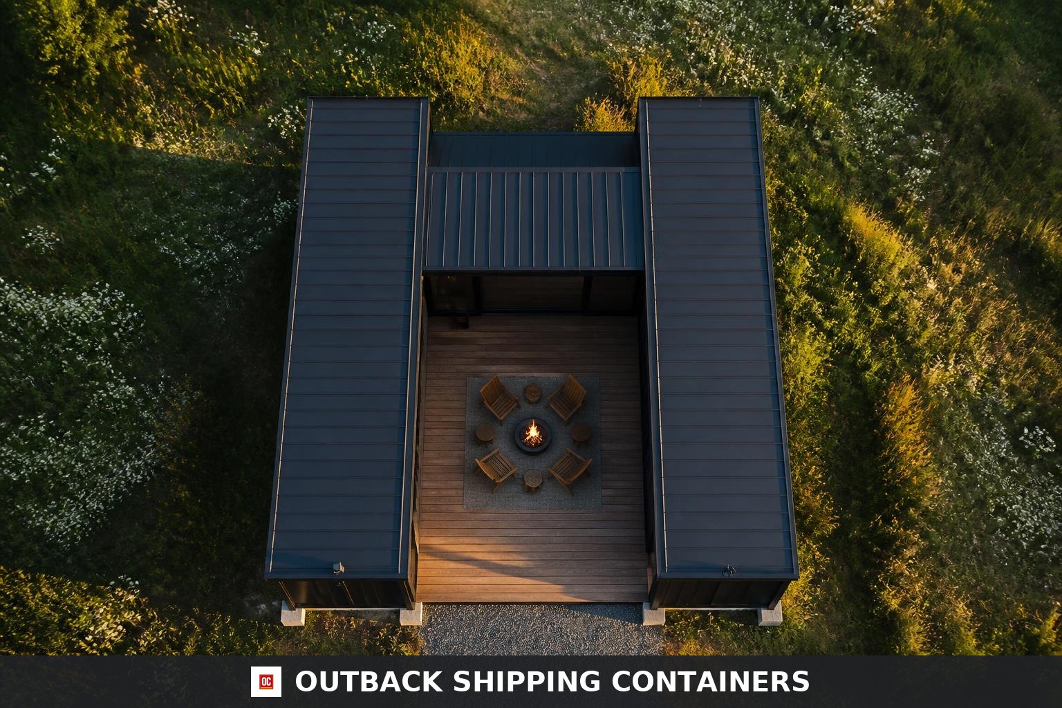 Trinity U-shape container home — 3D cutaway floor plan showing two 40ft bedroom/bathroom wings and a 20ft central lounge