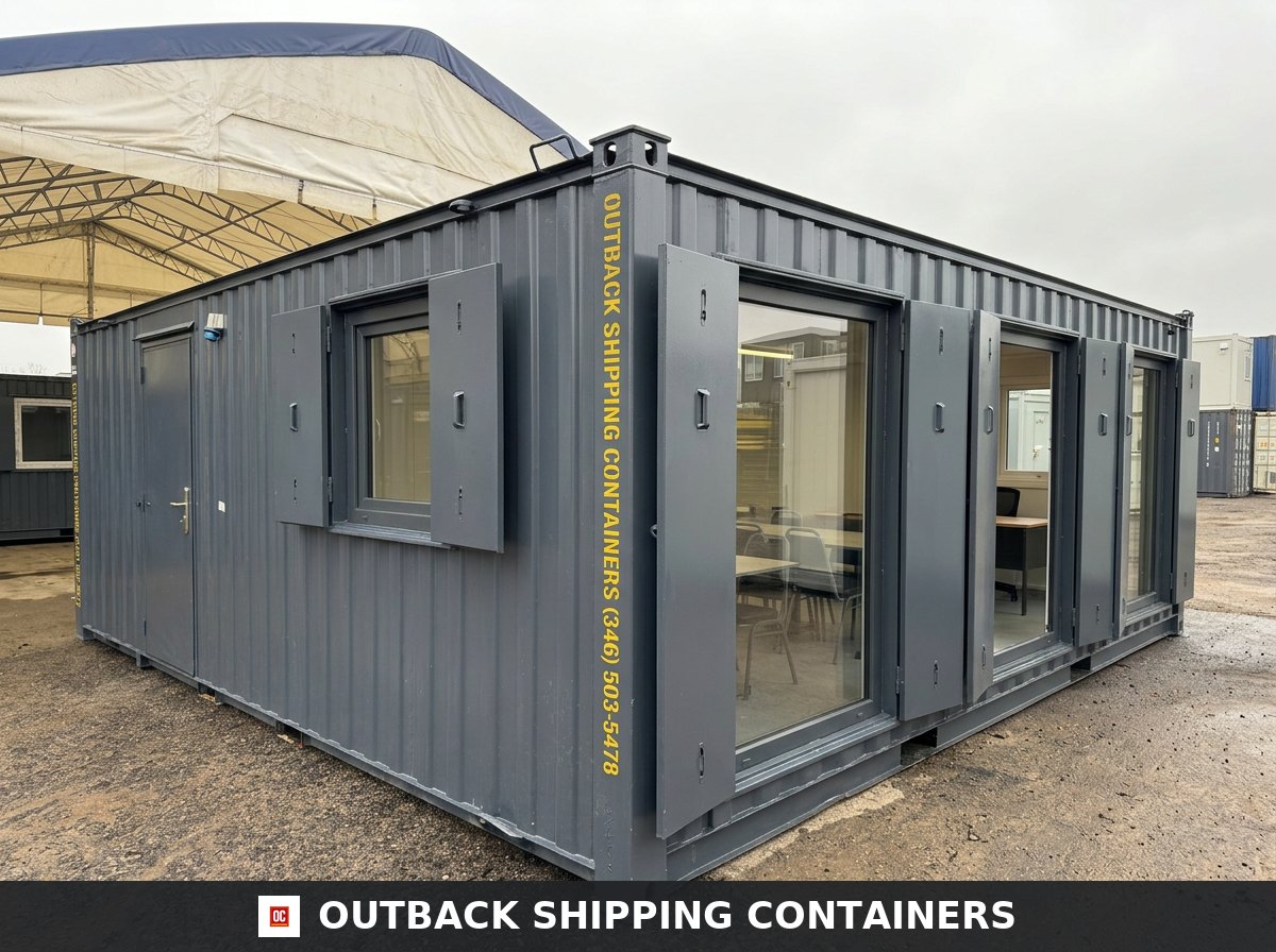 32x10ft for Sale — Three-Quarter Angle View | Outback Shipping Containers Opposite three-quarter view of the 32x10ft open plan office canteen with window shutters open showing the interior seating