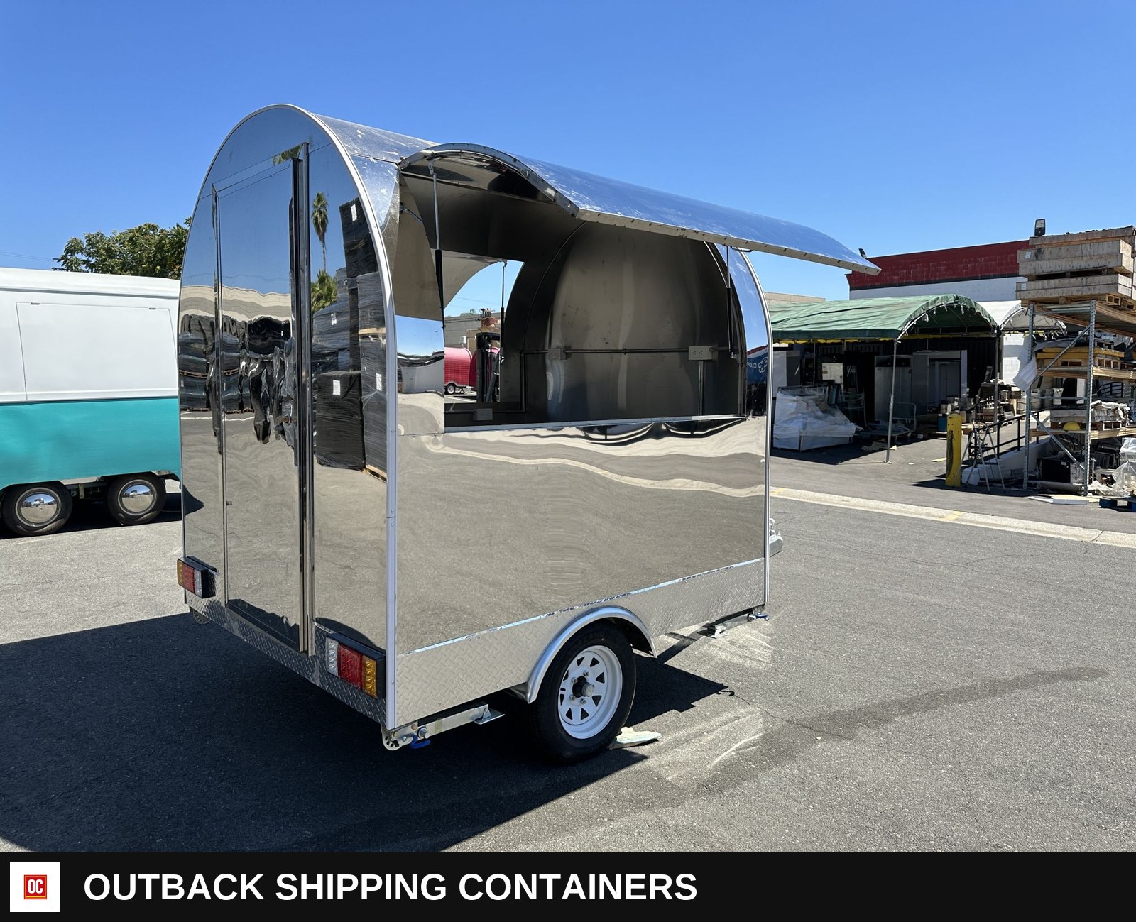 FT27 77-inch Compact Food Vending Concession Trailer — Stainless Prep And Counter Area | Outback Shipping Containers FT27 77-inch Compact Food Vending Concession Trailer for sale — stainless prep and counter area