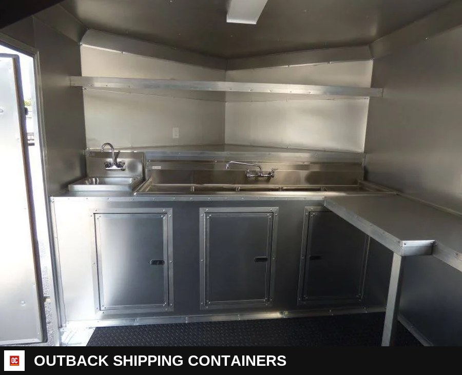 8.5 x 20 White BBQ Smoker Porch Catering Trailer — Interior Kitchen Layout | Outback Shipping Containers 8.5 x 20 White BBQ Smoker Porch Catering Trailer for sale — interior kitchen layout