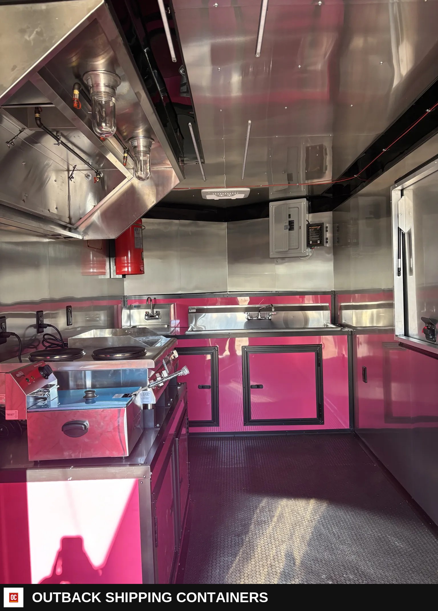 7x16TA Coast to Coast Concession Trailer Pink Blackout Package — Three-Quarter Front Angle | Outback Shipping Containers 7x16TA Coast to Coast Concession Trailer Pink Blackout Package for sale — three-quarter front angle
