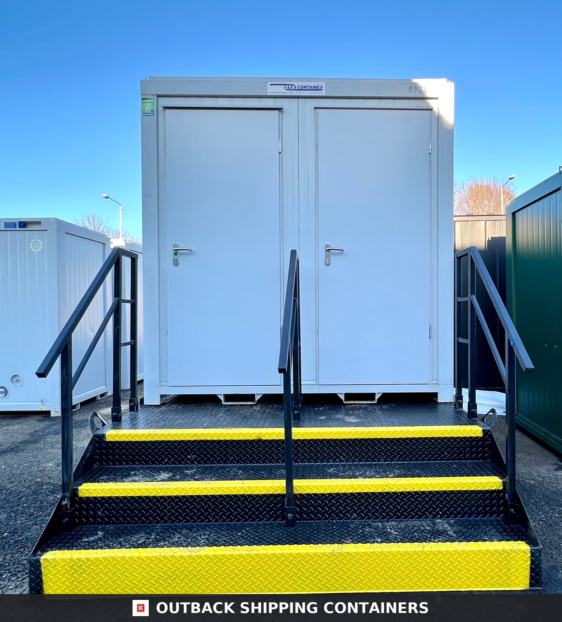 8x5 ft Toilet Block & New Stepped Effluent Waste Tank for Sale — Rear Exterior View 8x5 ft Toilet Block & New Stepped Effluent Waste Tank — Brand New Bundle — No B2 — product gallery image 3 of 7