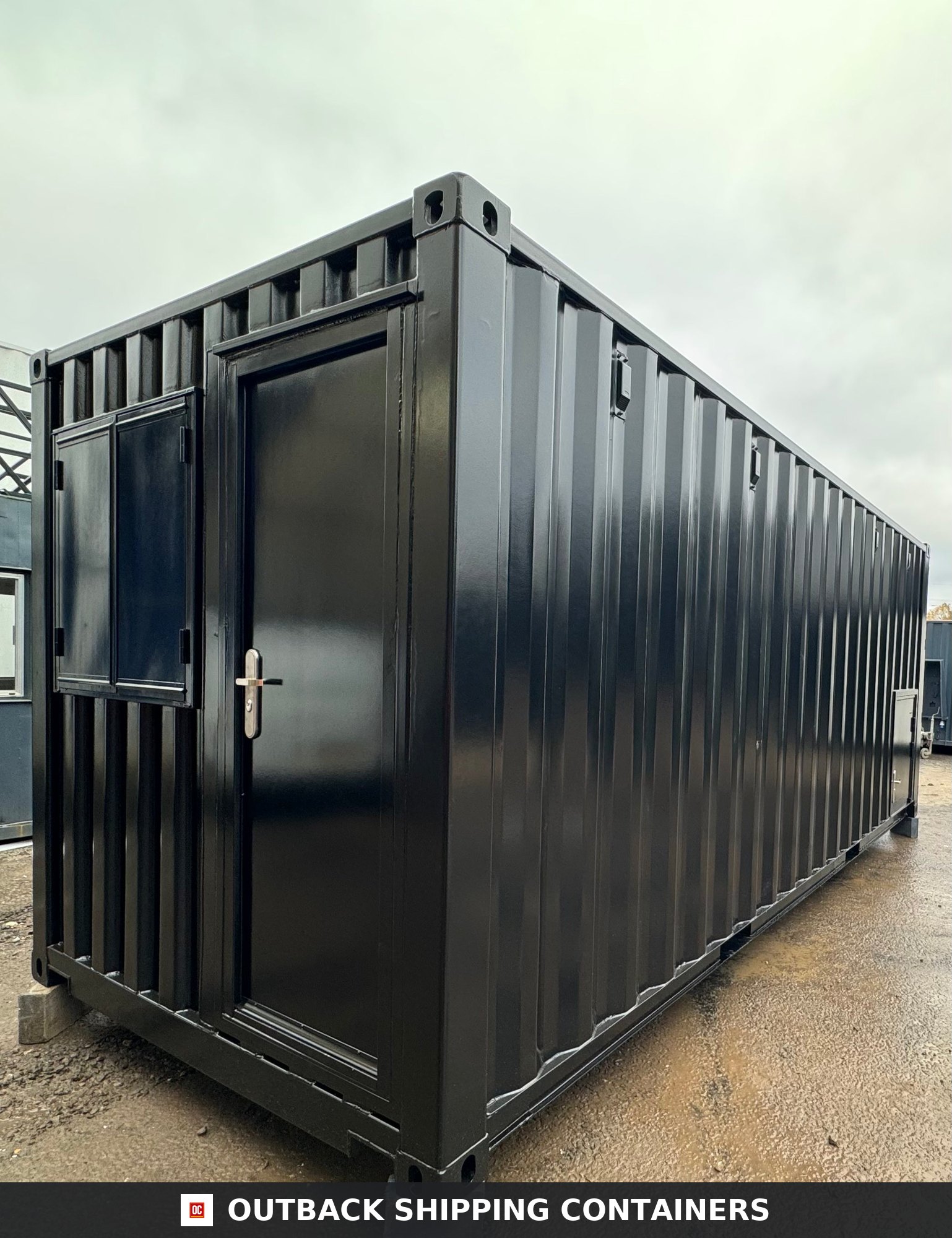 20x8ft CUSTOM Converted/Modified Shipping Container — Jet Black — Door and Entry Detail Jet Black 20x8ft custom container — angle 7