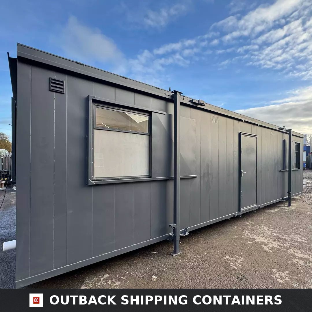 32 x 10 ft Custom Cabin for Sale — Rear Exterior View | Outback Shipping Containers 32 x 10 ft Custom Cabin — Canteen/Office with New WC/Wash Room, Kitchenette, Meeting Room — No 725 — product gallery image 4 of 4