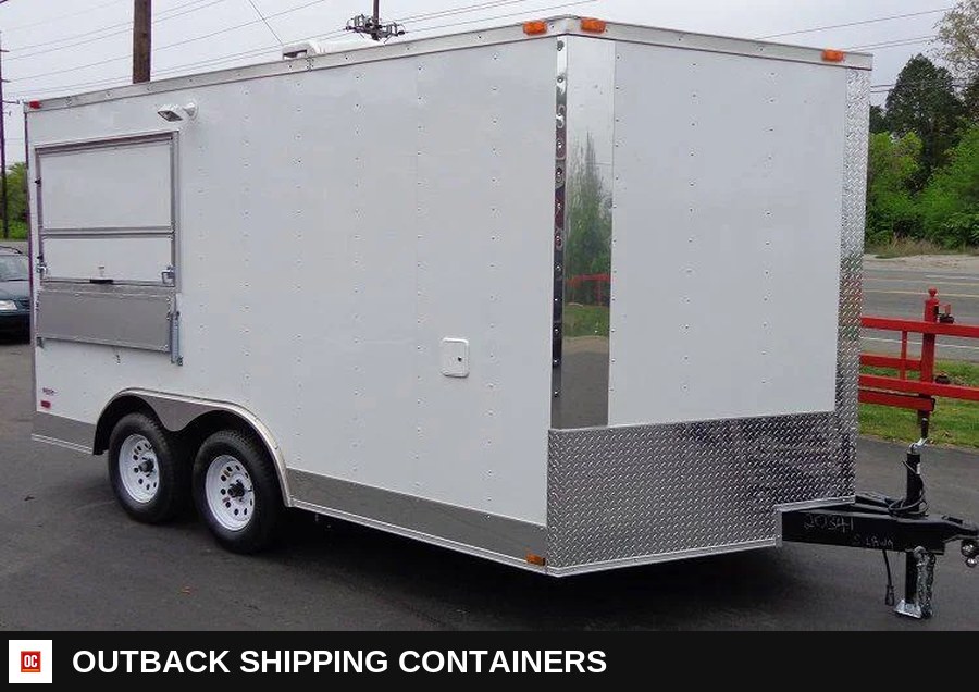 8.5 x 14 White Custom Enclosed Kitchen Concession Trailer — Serving Window And Hatch | Outback Shipping Containers 8.5 x 14 White Custom Enclosed Kitchen Concession Trailer for sale — serving window and hatch