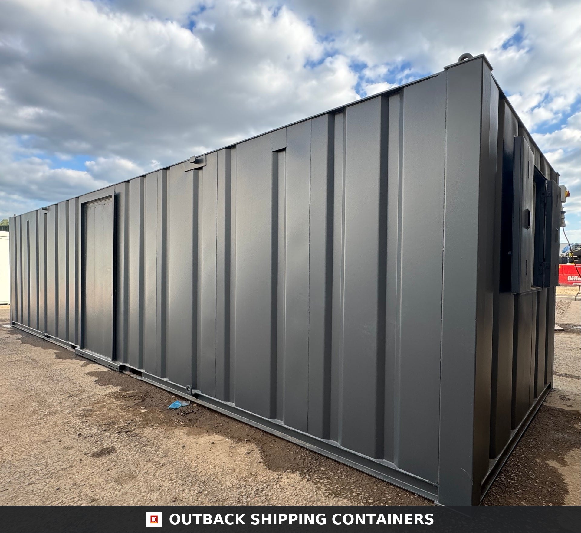 32ft Cabin for Sale — Corner Casting and Frame Detail | Outback Shipping Containers 2 3 Refurbished 32ft anti-vandal portable cabin in dark grey steel with single side door and security window shutters