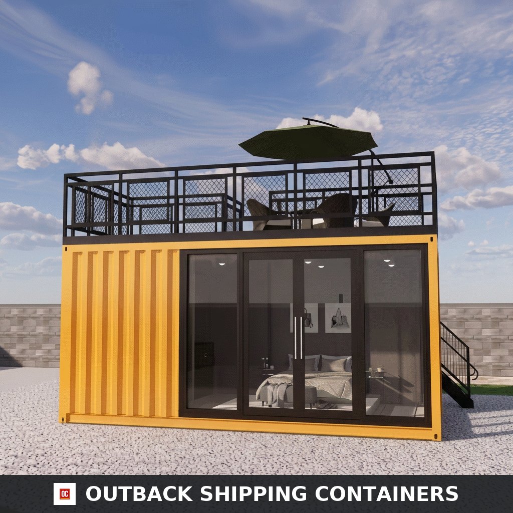 Front elevation of the yellow 20ft container house with rooftop terrace and cantilever umbrella
