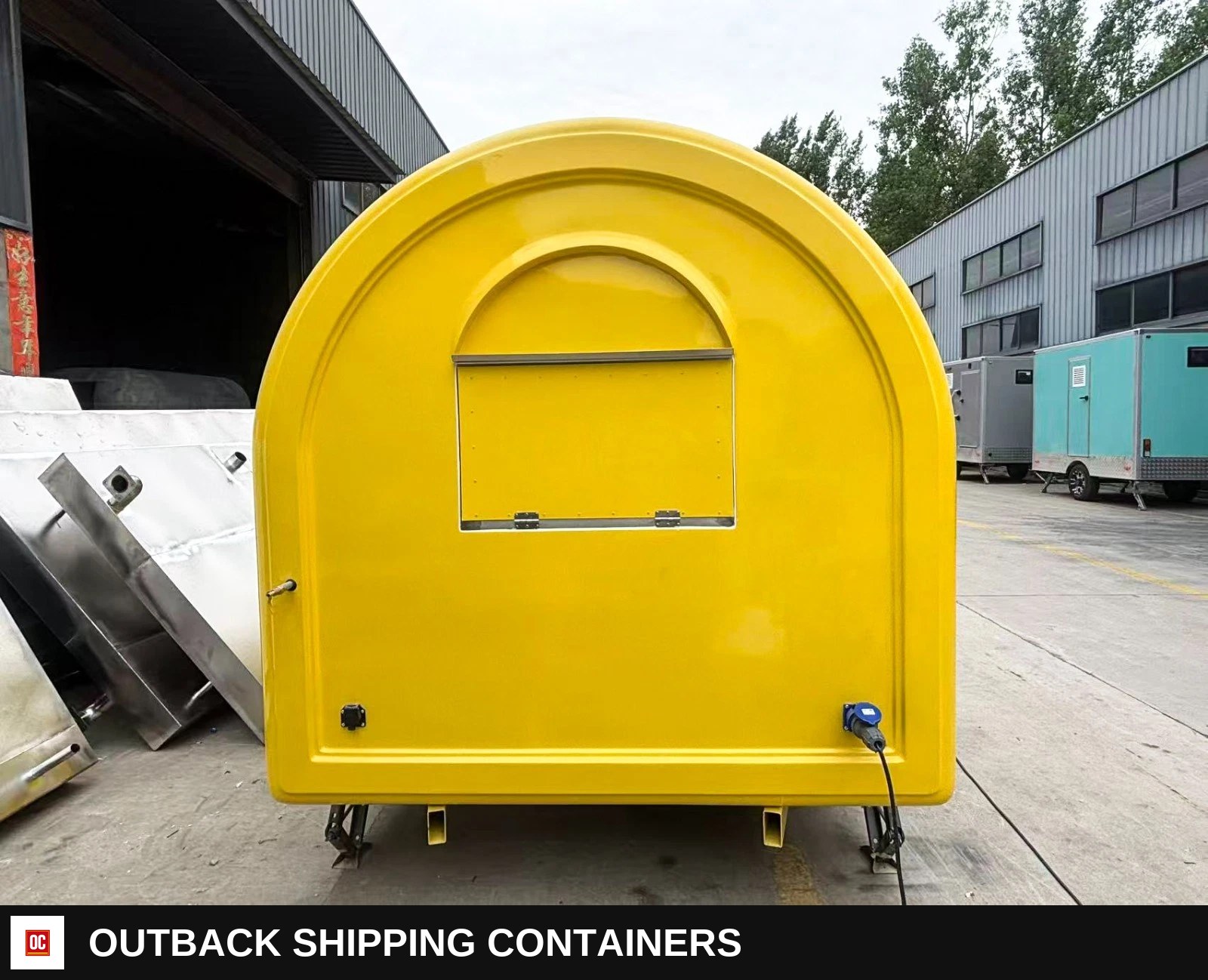 Yellow Mobile Catering Food Trailer Twin Axle Dual Serving Hatch — Serving Window And Hatch | Outback Shipping Containers Yellow Mobile Catering Food Trailer Twin Axle Dual Serving Hatch for sale — serving window and hatch