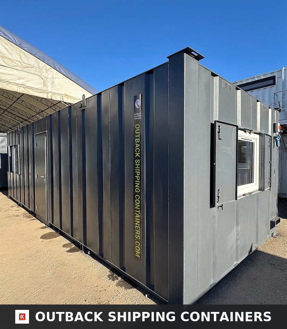 32x10ft Cabin for Sale — Door and Entry Detail | Outback Shipping Containers Open plan interior of a 32x10ft portable office cabin with wood vinyl flooring and white walls