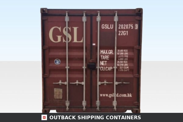Rear cargo doors of a red 20ft refurbished storage container with four locking bars and GSL markings