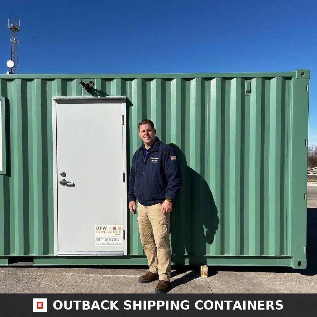 20FT mobile office container in green with white man door and outdoor security light on a sunny day