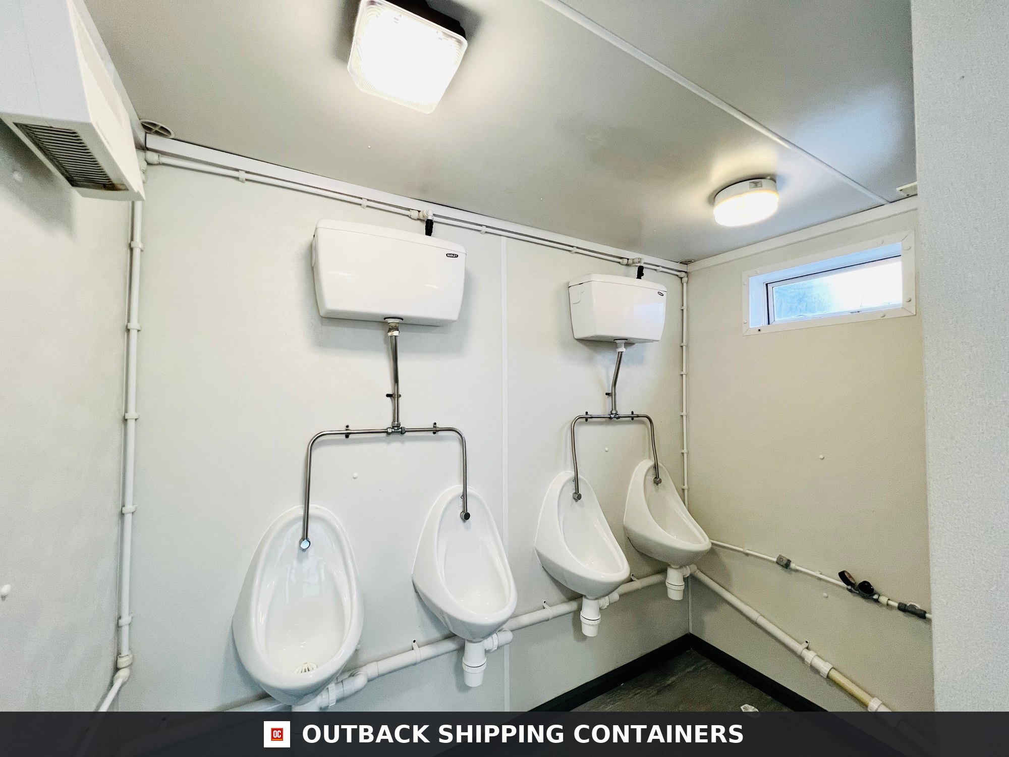 Toilet Block + Shower for Sale — Window and Shutter Detail | Outback Shipping Containers Toilet Block + Shower — 24 x 9 ft — 4 + 1 Toilet with Separate Shower Room — No 882 — product gallery image 7 of 15
