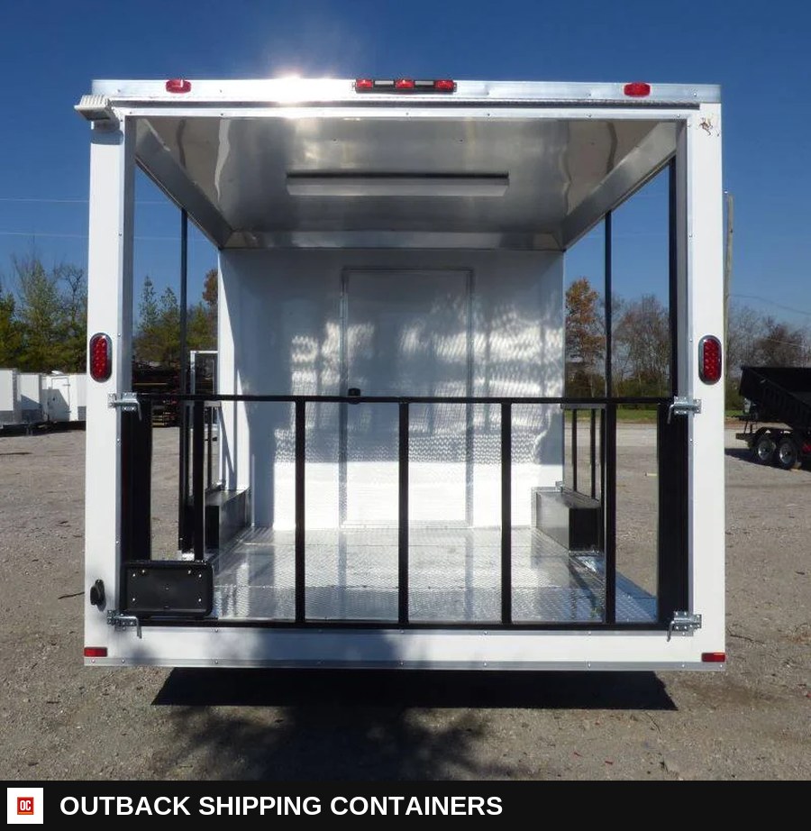 8.5 x 20 White BBQ Smoker Porch Catering Trailer — Three-Quarter Front Angle | Outback Shipping Containers 8.5 x 20 White BBQ Smoker Porch Catering Trailer for sale — three-quarter front angle