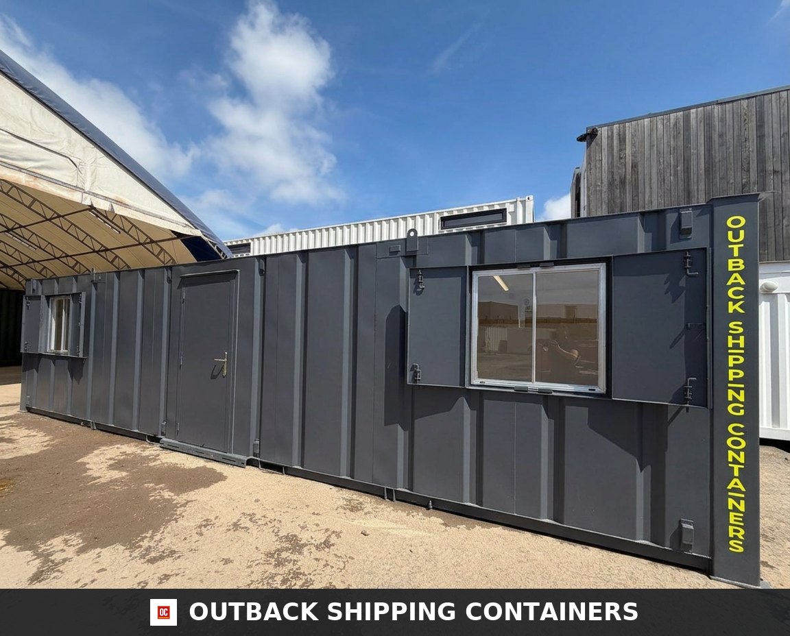 32x10ft Cabin for Sale — Three-Quarter Angle View | Outback Shipping Containers 2 3 4 32x10ft Cabin – Container Drying Room / Changing Room – Anti-Vandal – Portable Building — 32x10FT — Refurbished (image 2 of 13)
