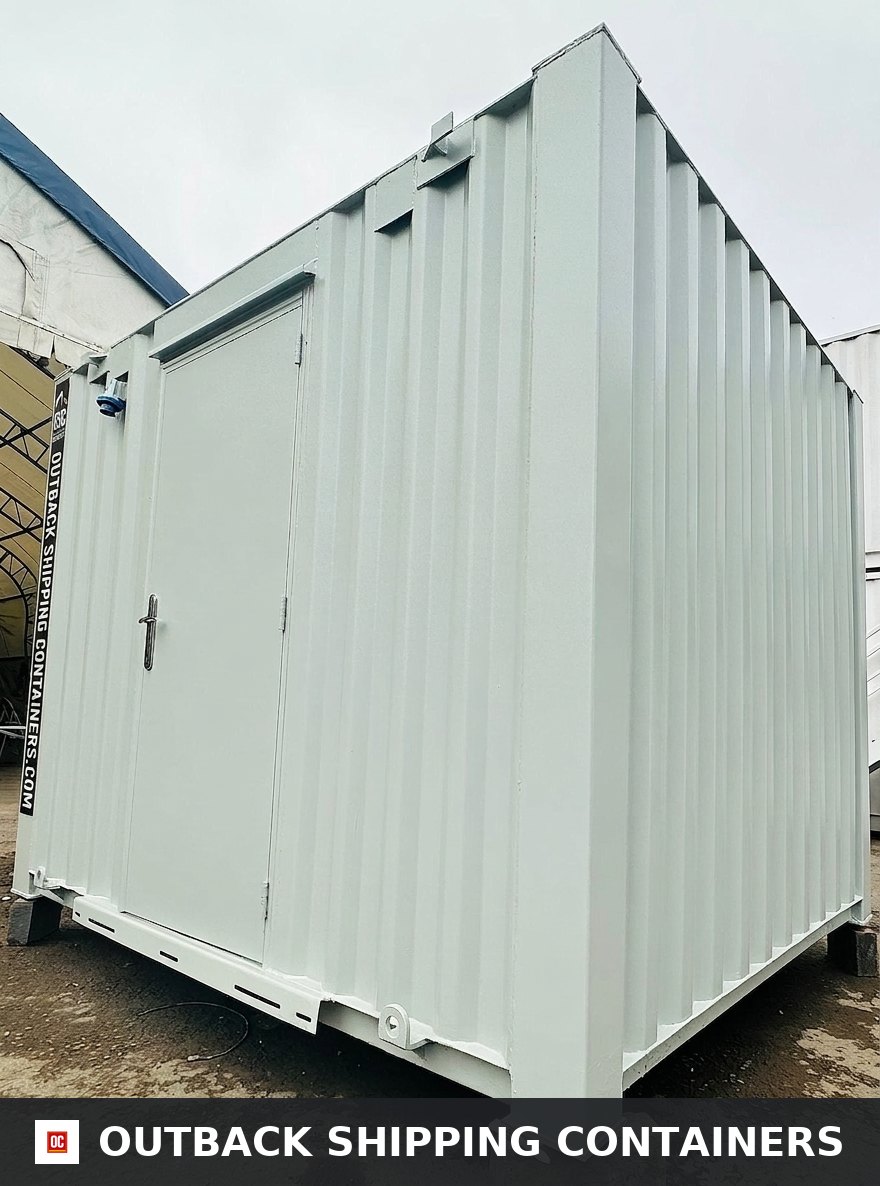 10x8 ft 10X8FT for Sale — Rear Exterior View | Outback Shipping Containers Refurbished 10x8 portable office container in light gray with steel security door and corrugated metal exterior