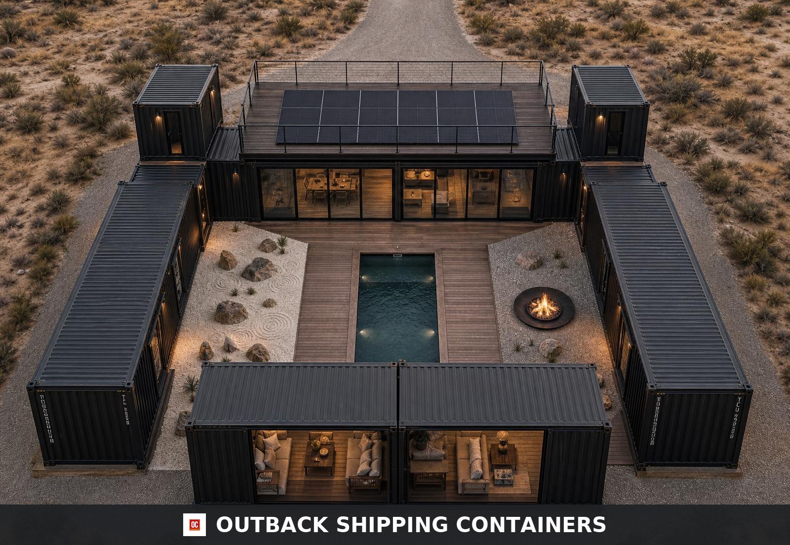 Aerial view of the 84ft by 72ft container wellness villa showing the staggered ten-module courtyard layout, north-south plunge pool and 8.4kW rooftop solar array