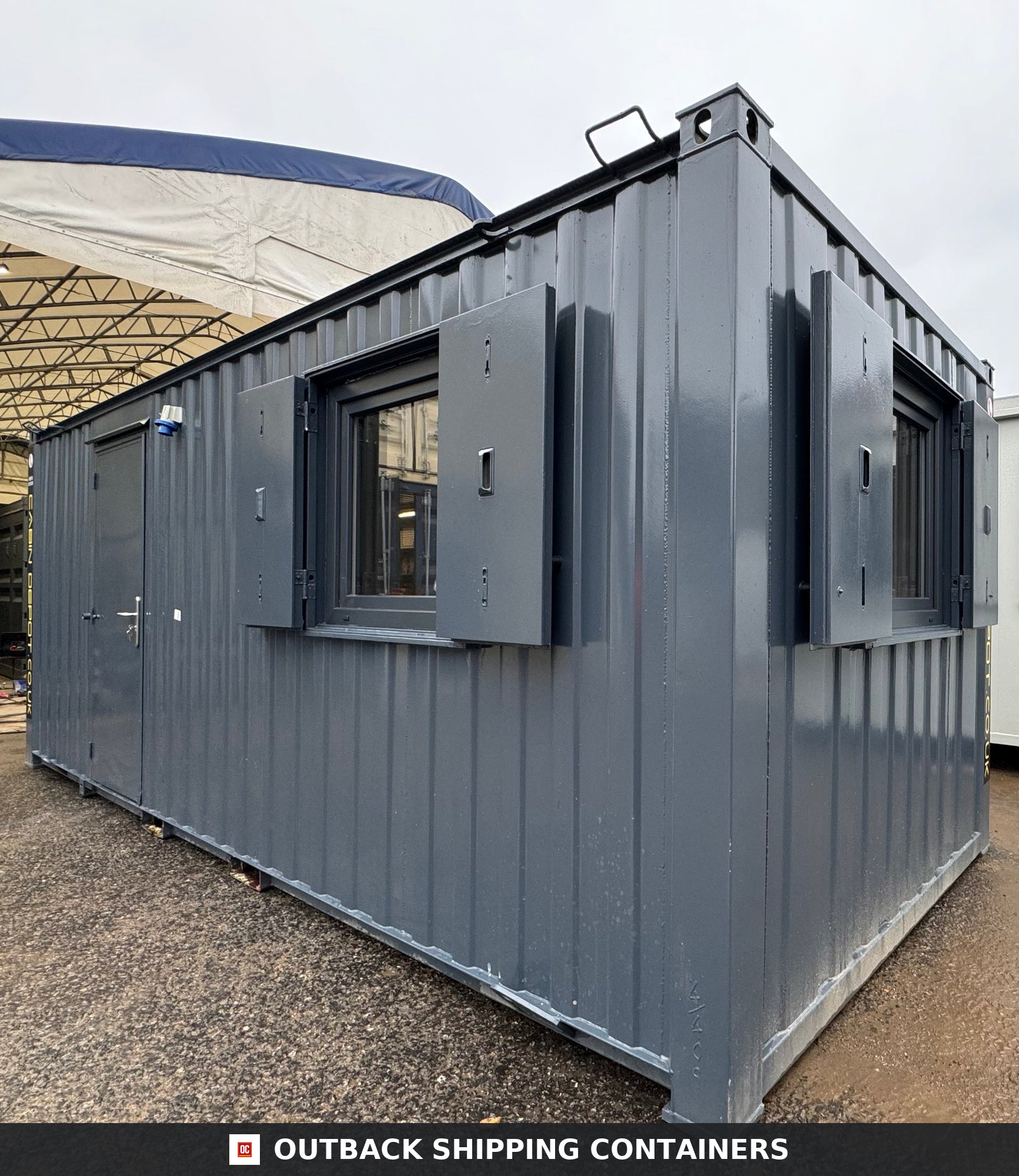 32x10ft for Sale — Side Profile View | Outback Shipping Containers Side elevation of the 32x10ft anti-vandal office canteen showing secure steel window shutters and personnel door