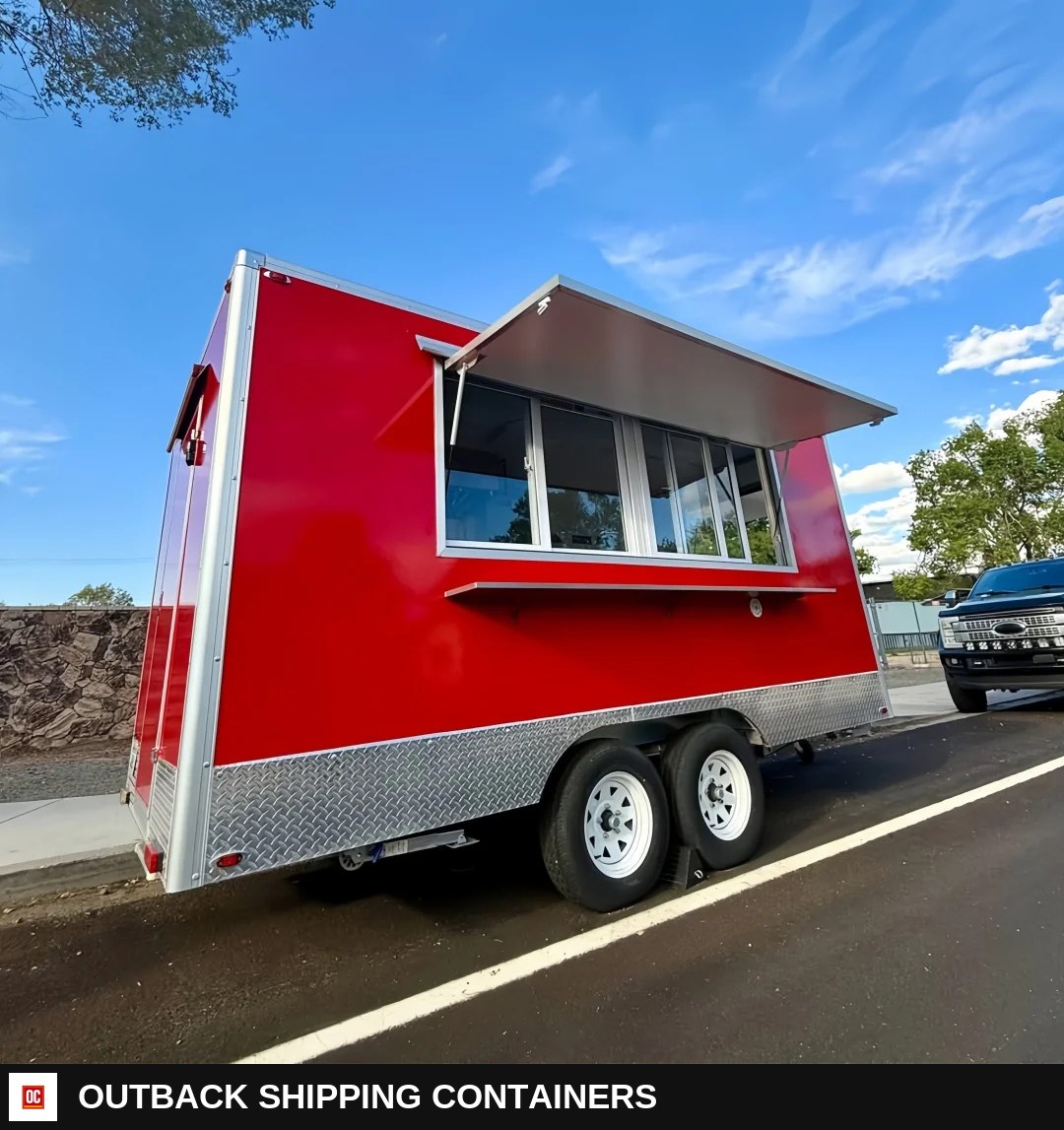 Bright Red Square Food Trailer - High Visibility Mobile Kitchen (Dual Axle) — Stainless Prep And Counter Area | Outback Shipping Containers Bright Red Square Food Trailer - High Visibility Mobile Kitchen (Dual Axle) for sale — stainless prep and counter area
