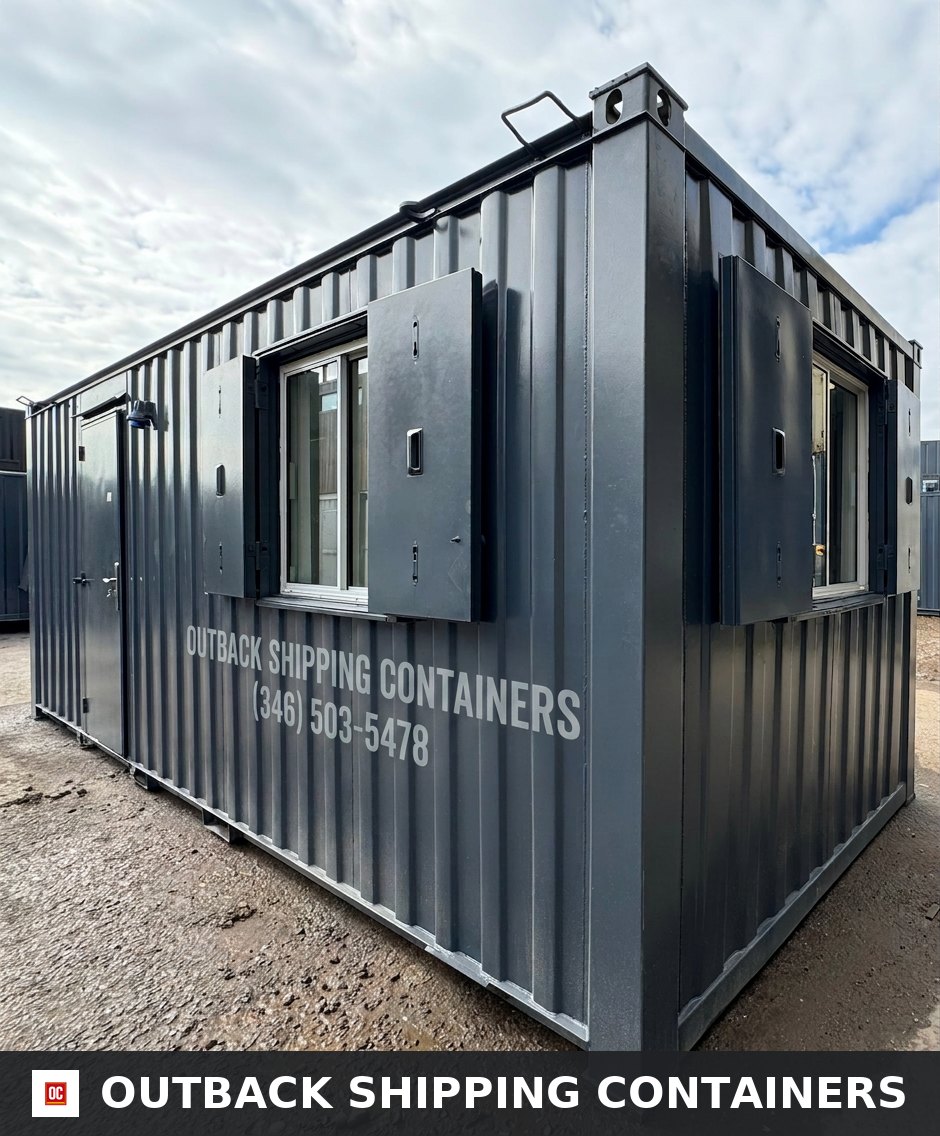 21x8ft for Sale — Side Profile View | Outback Shipping Containers 2 Refurbished 21x8ft dark gray anti-vandal shipping container office with security shutters and personnel door