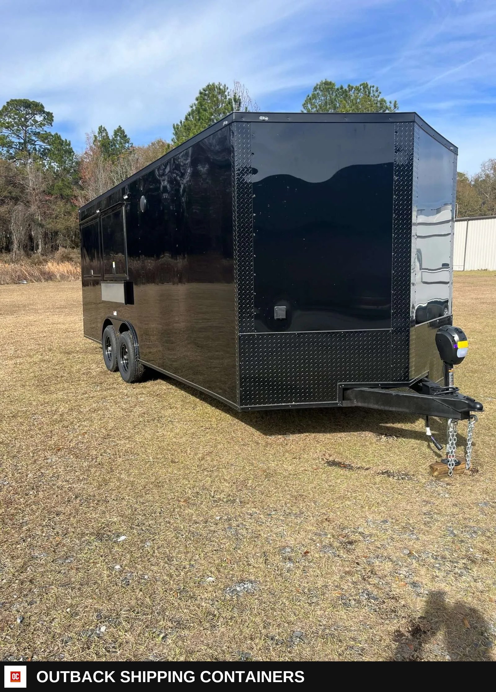 8.5x20 Hook and Line Cargo Fully Equipped Enclosed Concession Trailer — Three-Quarter Front Angle | Outback Shipping Containers 8.5x20 Hook and Line Cargo Fully Equipped Enclosed Concession Trailer for sale — three-quarter front angle