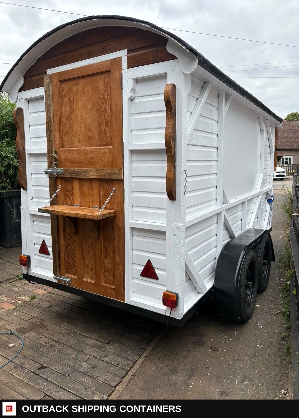 Unique rustic catering trailer horsebox shepherds hut style food drinks — Driver-Side Profile | Outback Shipping Containers Unique rustic catering trailer horsebox shepherds hut style food drinks for sale — driver-side profile