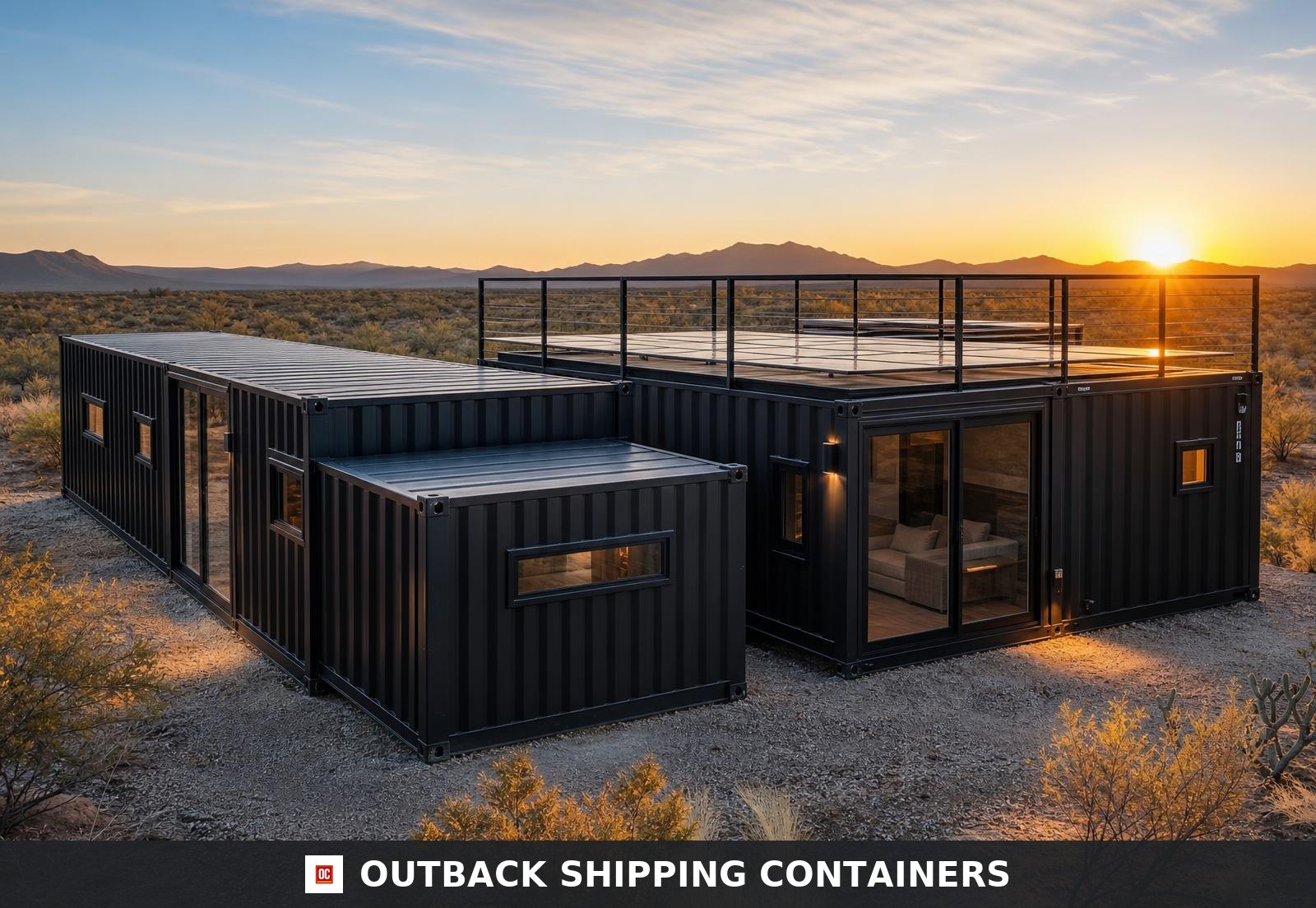 The Ultimate Container Home – 10 Module Luxury Courtyard Wellness Villa with Plunge Pool, 3 Bedrooms, Office, Art Studio & Recovery Room Front three-quarter view of The Ultimate Container Home showing the staggered six 40ft and four 20ft high-cube modules with rooftop deck