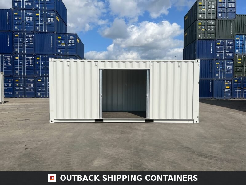20ft Custom One Trip Shipping Container for Sale — Three-Quarter Angle View 20ft custom shipping container with RAL 7035 light grey respray and an open side roller shutter door