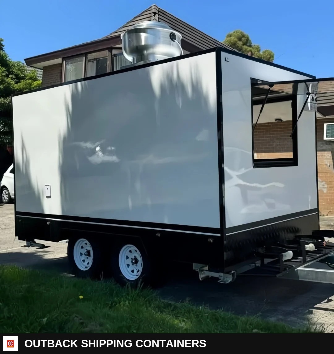 Modern White & Black Square Food Trailer 4m Box Style Mobile Kitchen Dual Axle — Interior Kitchen Layout | Outback Shipping Containers Modern White & Black Square Food Trailer 4m Box Style Mobile Kitchen Dual Axle for sale — interior kitchen layout