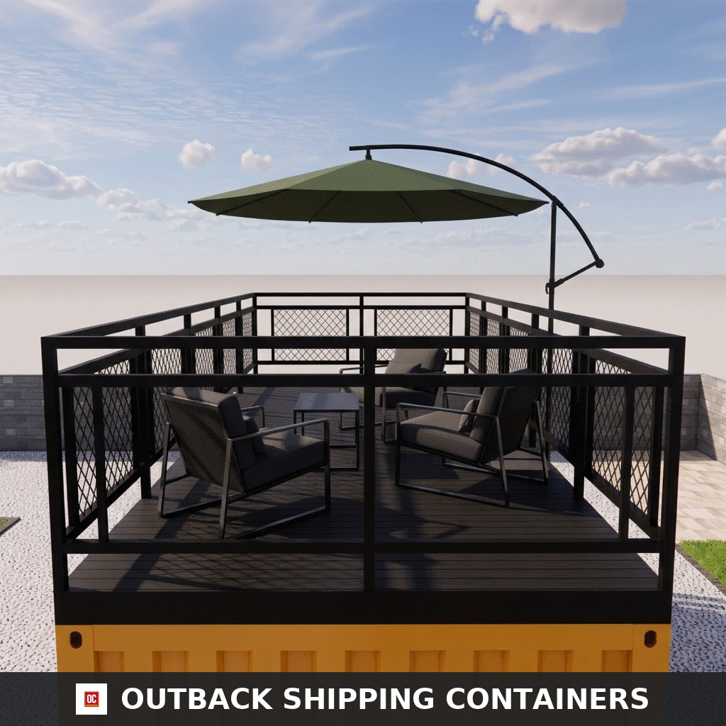 Rooftop terrace close-up with black railing, cantilever umbrella and outdoor lounge seating