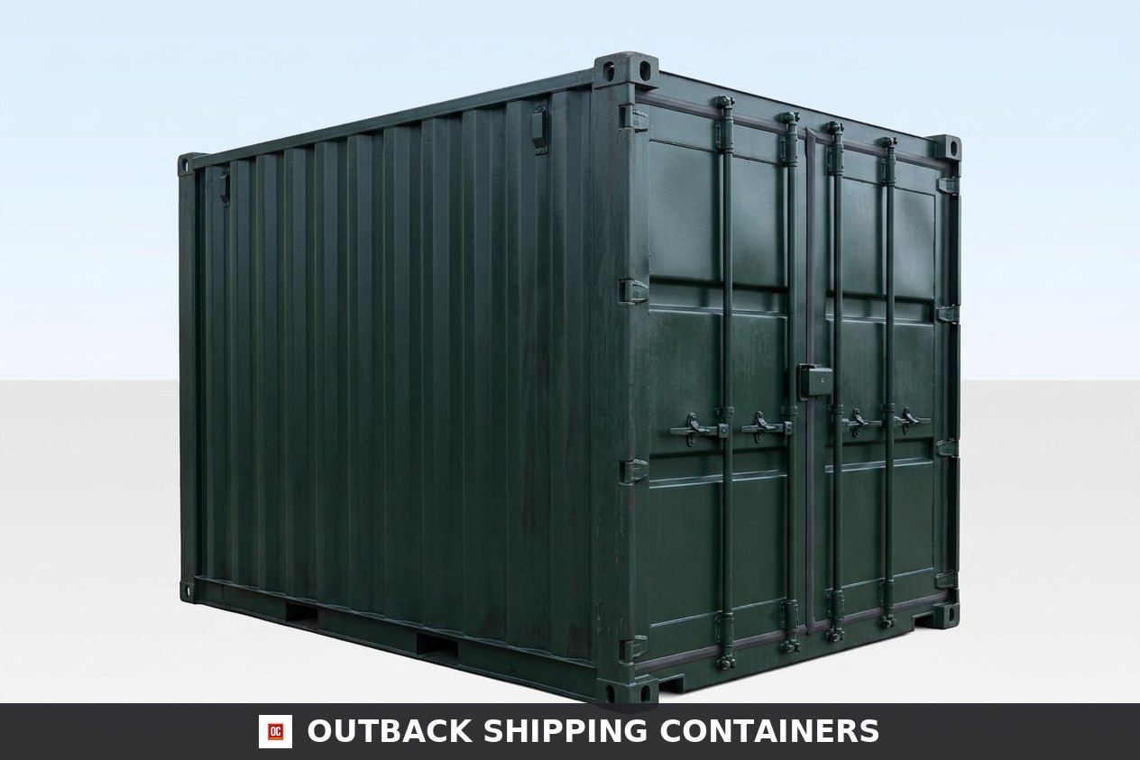 Front view of closed cargo doors on a dark green used 10ft cut down container with vertical locking bars