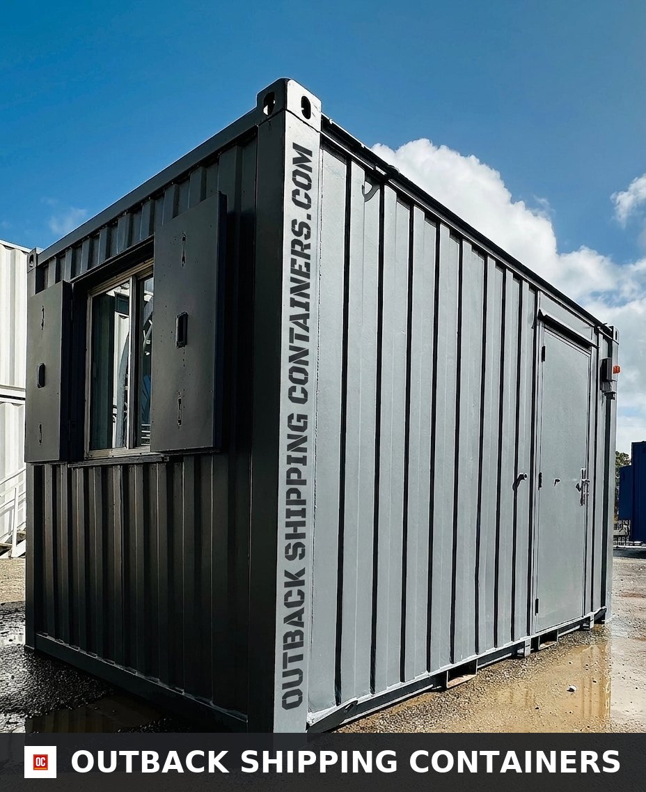 12x8 ft 12x8FT for Sale — Rear Exterior View | Outback Shipping Containers Interior view of a refurbished 12 foot portable office featuring white walls, grey vinyl flooring, and ceiling lighting