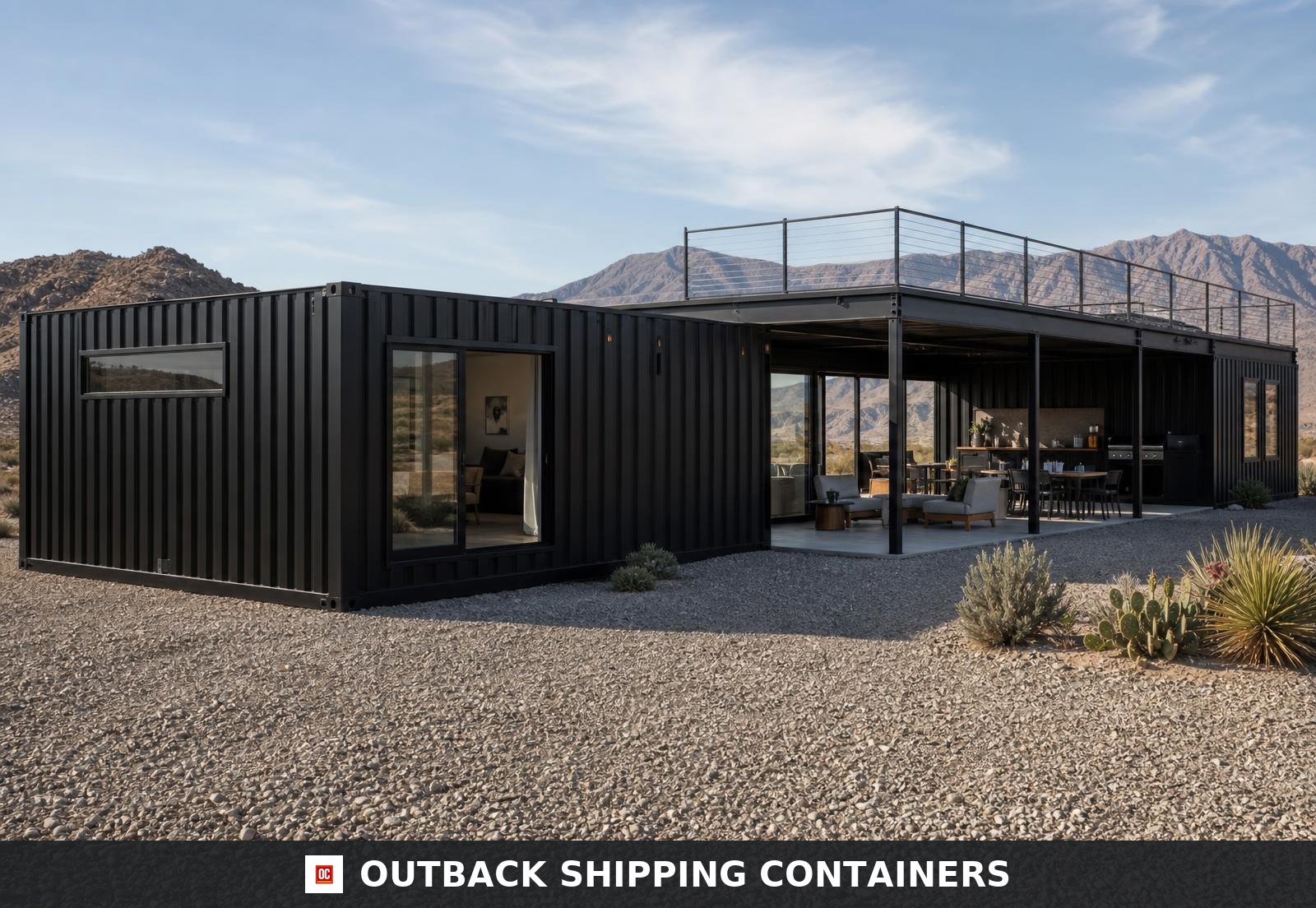 Rear three-quarter view of the container villa showing the south wing modules, punched window openings and roof deck guardrail