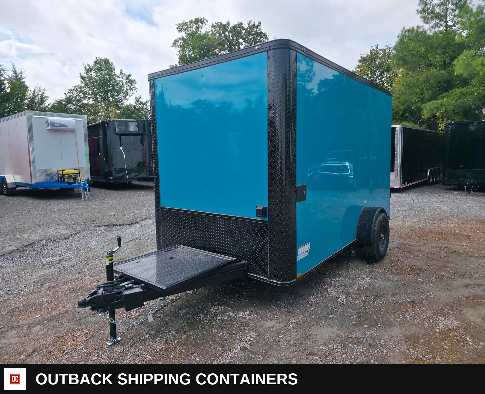 7 x 12 Water Blue Flat Front Concession Catering Trailer — Driver-Side Profile | Outback Shipping Containers 7 x 12 Water Blue Flat Front Concession Catering Trailer for sale — driver-side profile