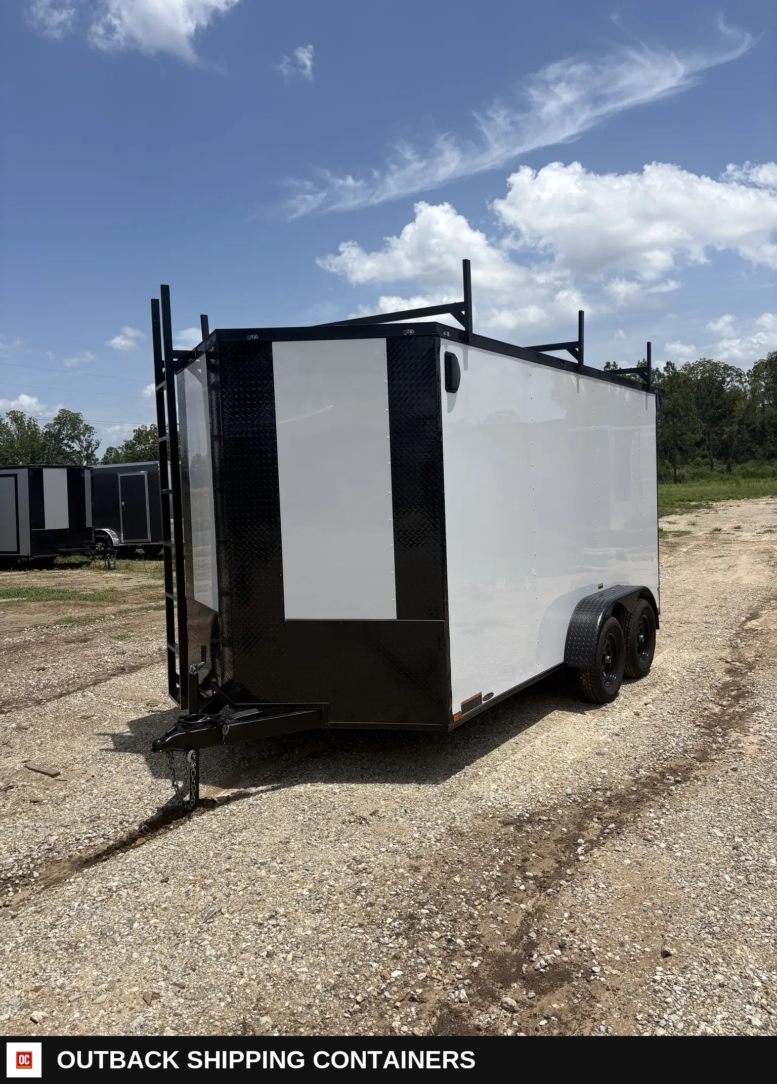 7x14TA2 Trojan Cargo Contractor Trailer White Blackout Package — Three-Quarter Front Angle | Outback Shipping Containers 7x14TA2 Trojan Cargo Contractor Trailer White Blackout Package for sale — three-quarter front angle