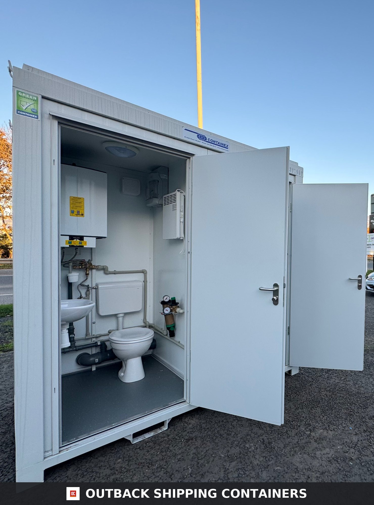 NEW 1 Toilet & 1 Shower Block for Sale — Three-Quarter Angle View | Outback Shipping Containers NEW 1 Toilet & 1 Shower Block — 8 x 5 ft — Portable Containex — Grey — No 855 — product gallery image 2 of 10
