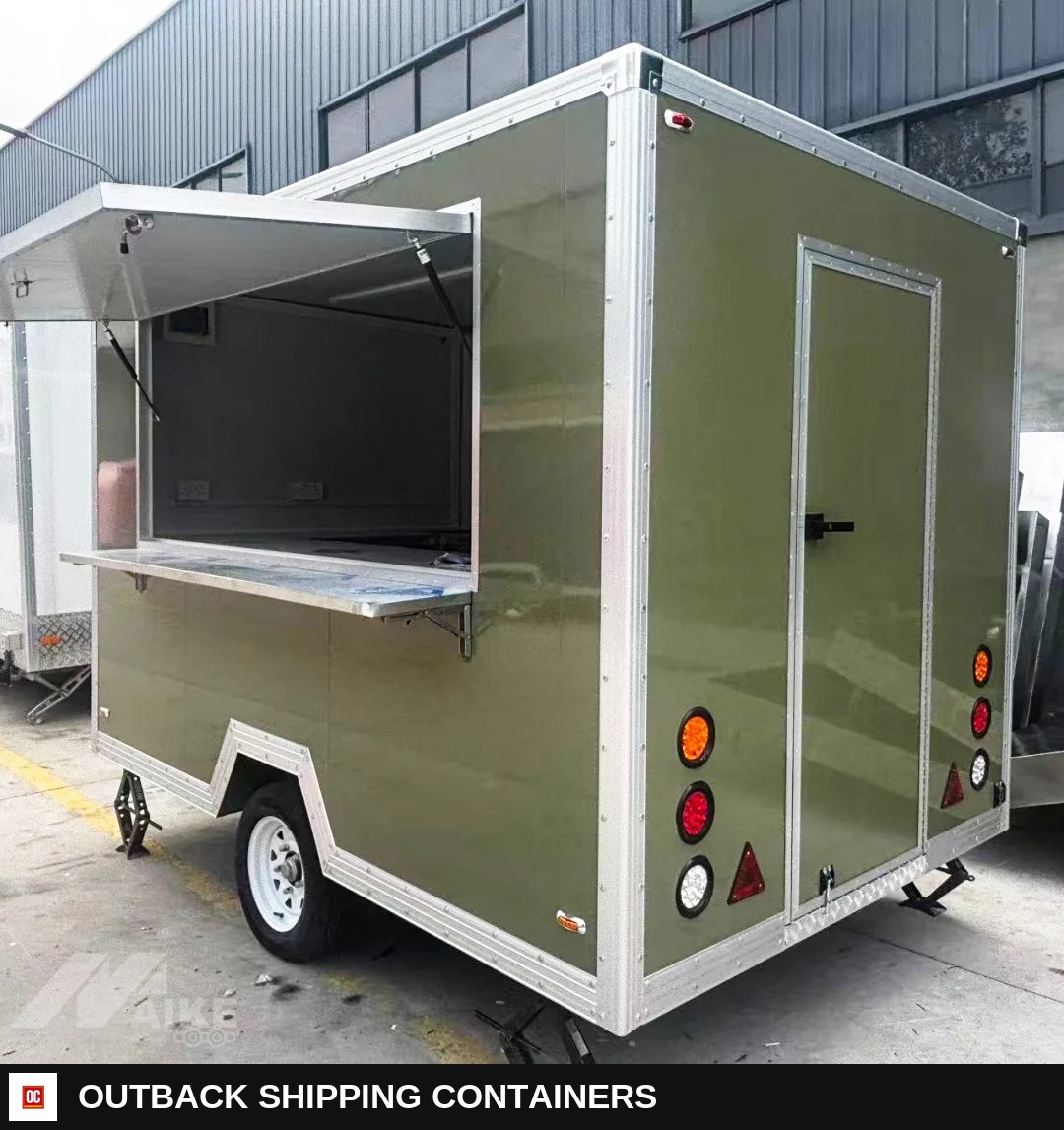 Olive Green Compact Food Trailer with Serving Window for Coffee — Driver-Side Profile | Outback Shipping Containers Olive Green Compact Food Trailer with Serving Window for Coffee for sale — driver-side profile