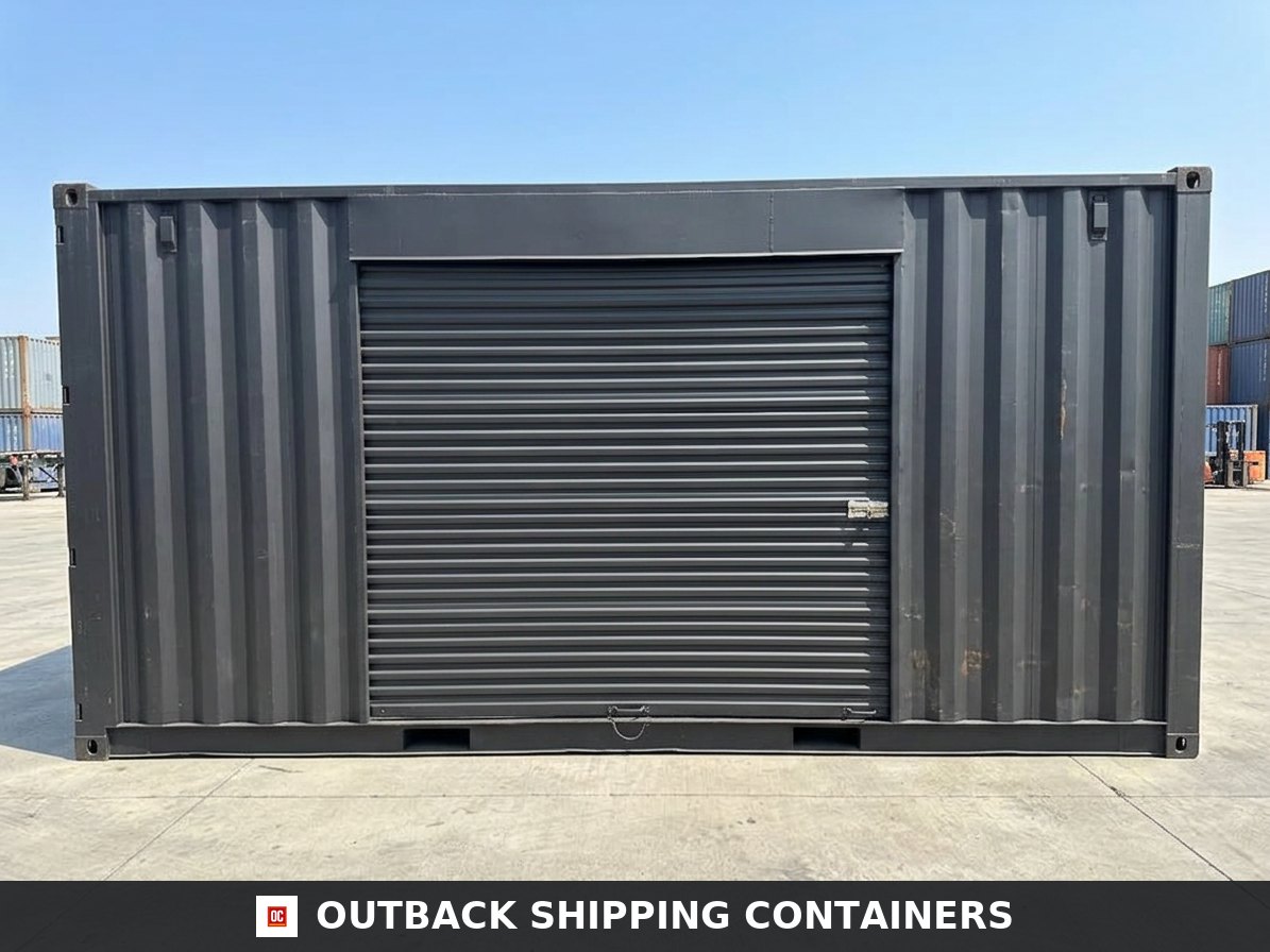 20ft Used Shipping Container for Sale — Interior Detail | Outback Shipping Containers 2 3 4 15 20ft Used Shipping Container – Matte Black w/ 12 Side Roll-Up Door — 20ft — used — storage containers (image 6 of 6)